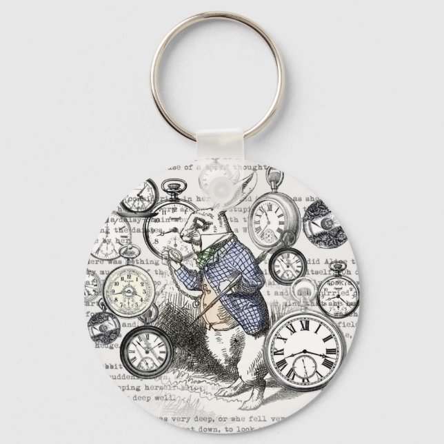 White Rabbit Alice Wonderland Clocks Art Key Ring (Front)