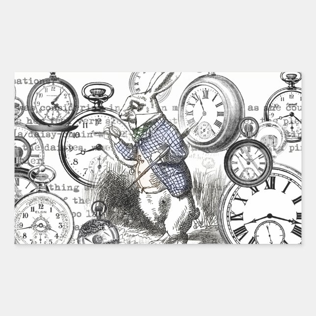 White Rabbit Alice Wonderland Clocks Art Rectangular Sticker (Front)