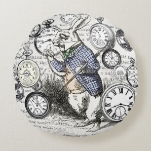 White Rabbit Alice Wonderland Clocks Art Round Cushion