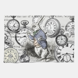 White Rabbit Alice Wonderland Clocks Art Tea Towel