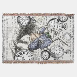 White Rabbit Alice Wonderland Clocks Art Throw Blanket