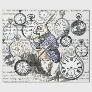 White Rabbit Alice Wonderland Clocks Art Wrapping Paper