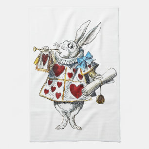 White Rabbit Alice Wonderland Hearts Tea Towel