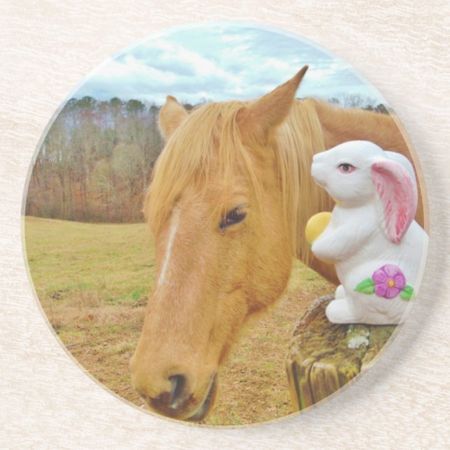 White rabbit and blond yellow horse coaster (Front)