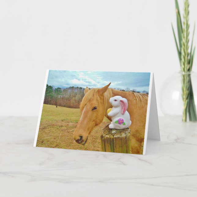 White rabbit and blond yellow horse holiday card (Front)