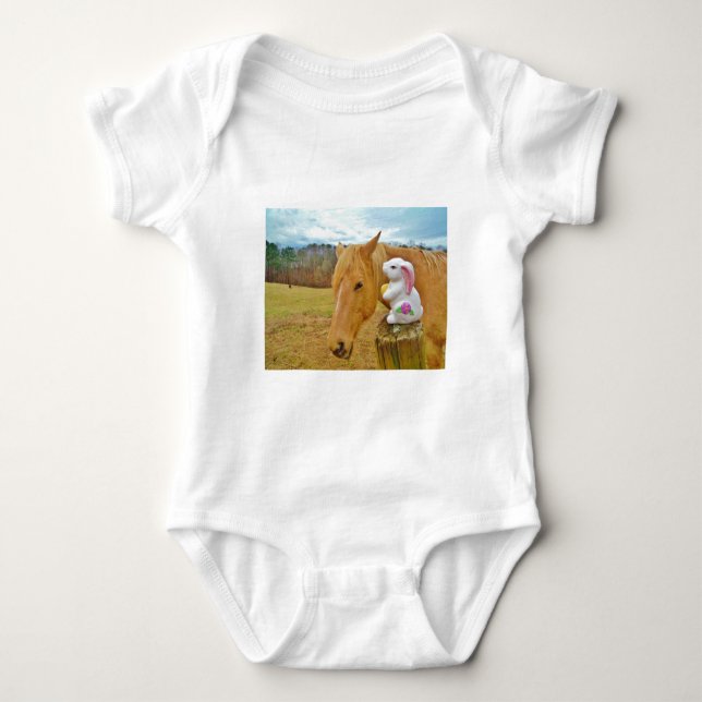 White rabbit and blonde yellow horse baby bodysuit (Front)