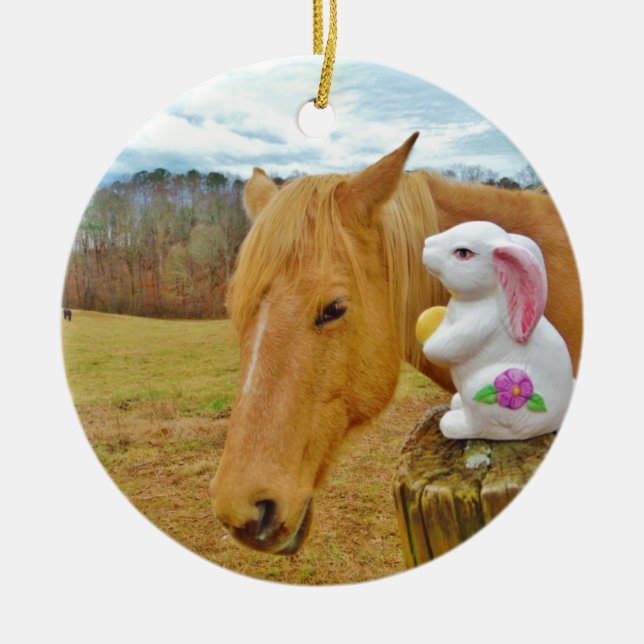 White rabbit and blonde yellow horse ceramic ornament (Front)