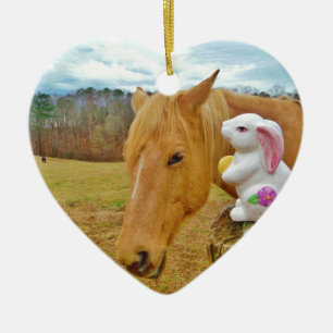White rabbit and blonde yellow horse ceramic ornament