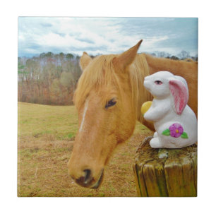 White rabbit and blonde yellow horse ceramic tile
