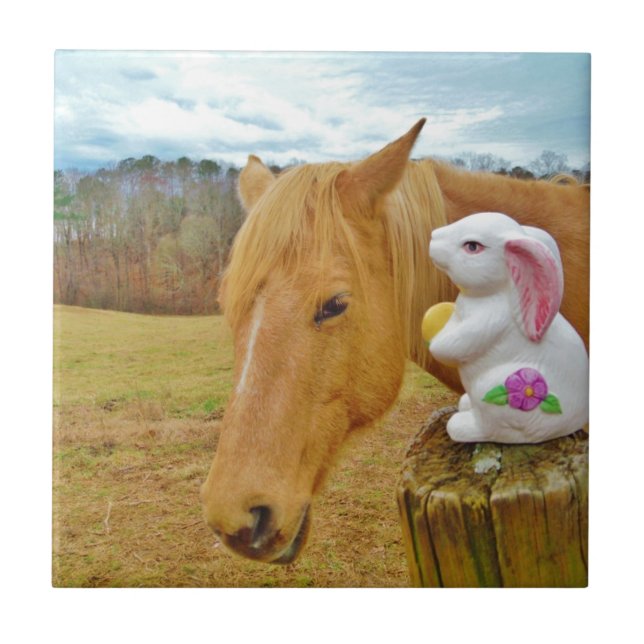 White rabbit and blonde yellow horse ceramic tile (Front)