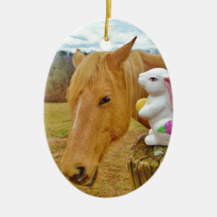 White rabbit and blonde yellow horse ceramic tree decoration