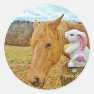 White rabbit and blonde yellow horse classic round sticker