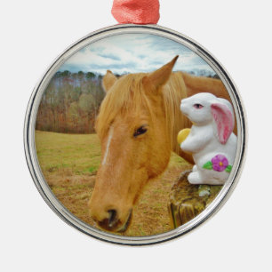 White rabbit and blonde yellow horse metal ornament