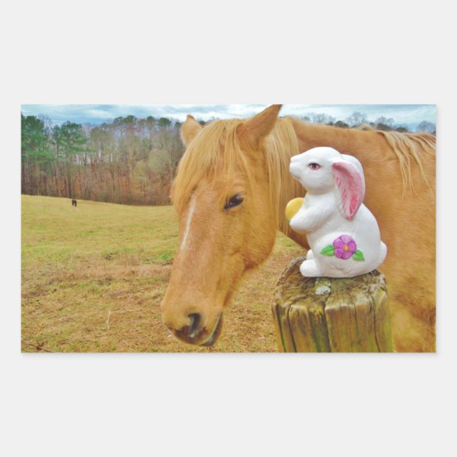 White rabbit and blonde yellow horse rectangular sticker (Front)