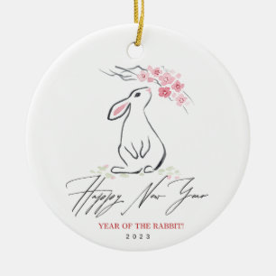 White Rabbit and Cherry Blossom Flower   Ceramic Ornament
