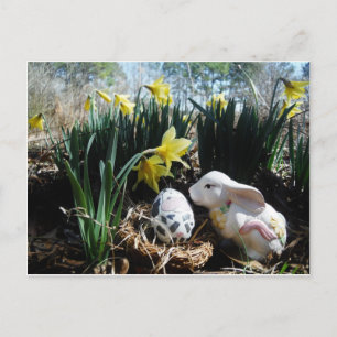 White rabbit and cow egg postcard