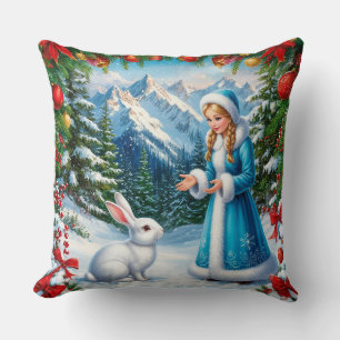 White Rabbit and Snow Maiden in Winter Woodland Cushion