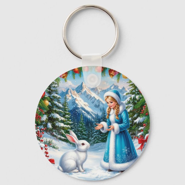 White Rabbit and Snow Maiden in Winter Woodland Key Ring (Front)