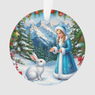 White Rabbit and Snow Maiden in Winter Woodland Ornament