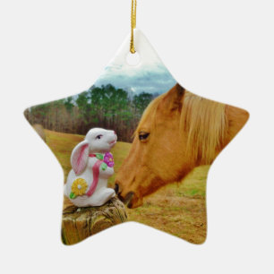 White Rabbit and Yellow Horse Ceramic Ornament