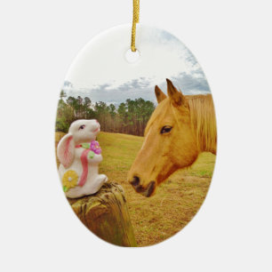 White Rabbit and Yellow Horse Ceramic Ornament