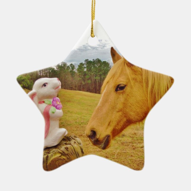 White Rabbit and Yellow Horse Ceramic Tree Decoration (Front)