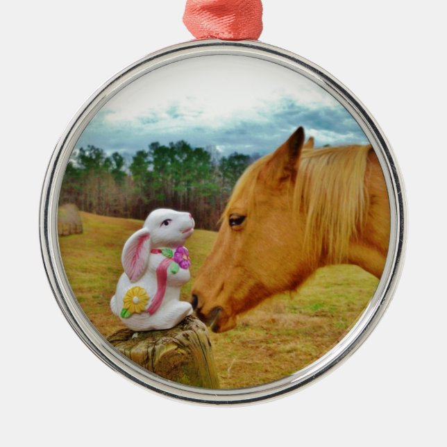 White Rabbit and Yellow Horse Metal Ornament (Front)