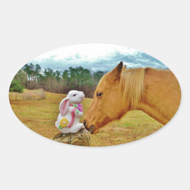 White Rabbit and Yellow Horse Oval Sticker (Front)