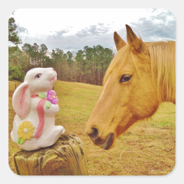 White Rabbit and Yellow Horse Square Sticker (Front)