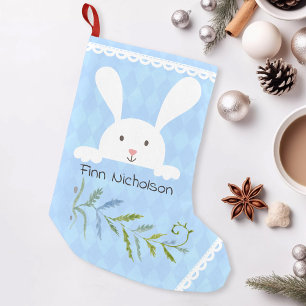 White Rabbit Blue Diamond Shape Small Christmas Stocking