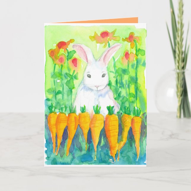 White Rabbit Carrots Happy Easter Holiday Card (Front)
