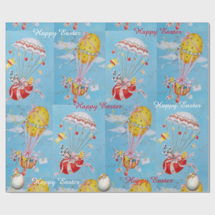 WHITE RABBIT,CHICKENS,BALLOONS WITH EASTER EGGS WRAPPING PAPER