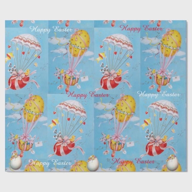 WHITE RABBIT,CHICKENS,BALLOONS WITH EASTER EGGS WRAPPING PAPER (Flat)