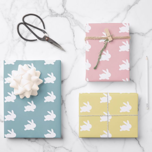 White Rabbit Easter Pattern Pastel Colours Wrapping Paper Sheet (Front)