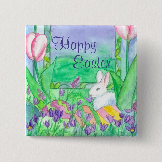White Rabbit Happy Easter 15 Cm Square Badge (Front)