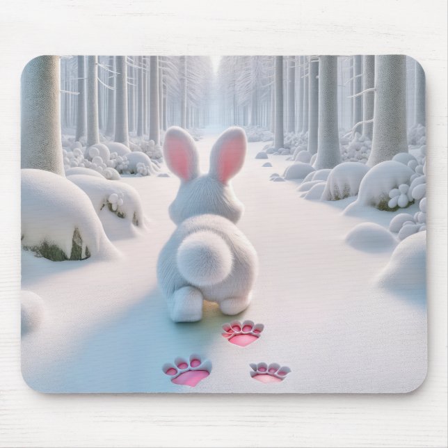 White Rabbit Hopping In a Winter Forest Mouse Pad (Front)