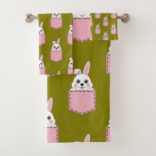 White Rabbit in Pink Pocket Pattern Bath Towel Set
