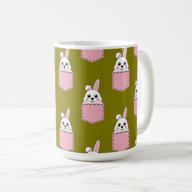 White Rabbit in Pink Pocket Pattern Coffee Mug (Front Right)