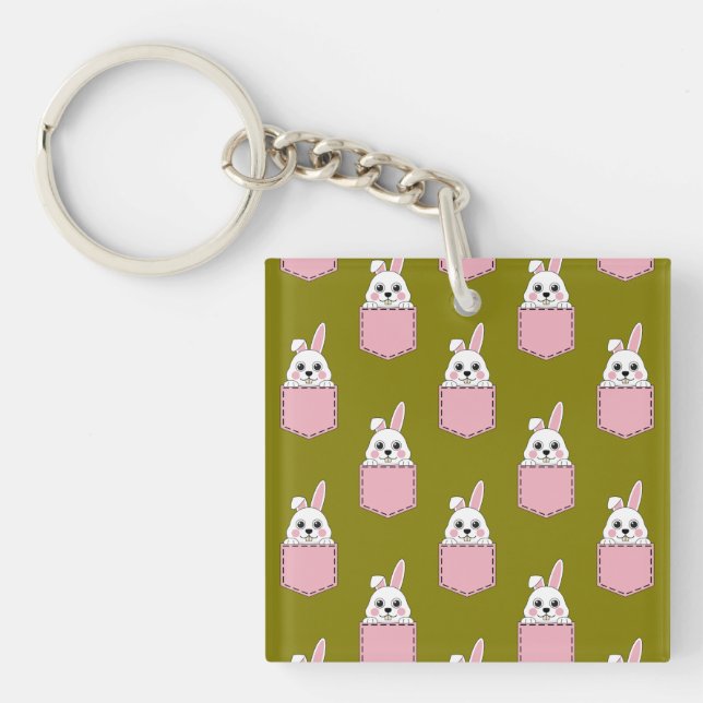 White Rabbit in Pink Pocket Pattern Key Ring (Front)
