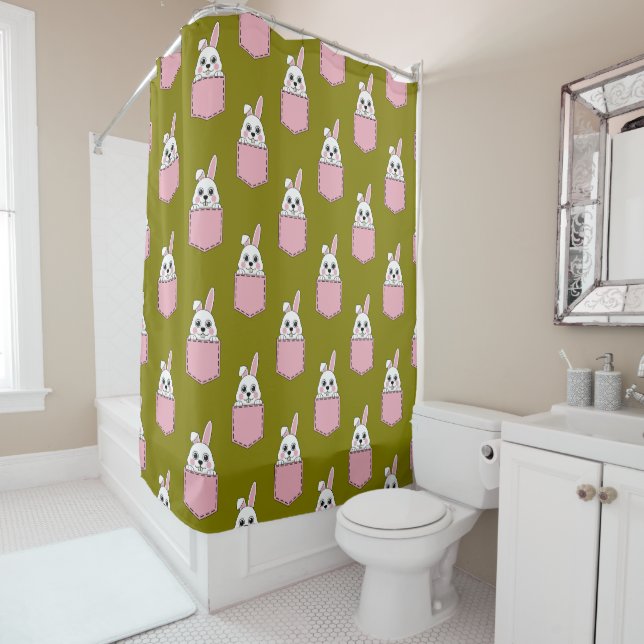 White Rabbit in Pink Pocket Pattern Shower Curtain (In Situ)