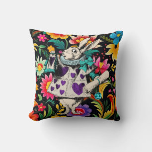 White Rabbit in Purple on Colorful Floral Cushion
