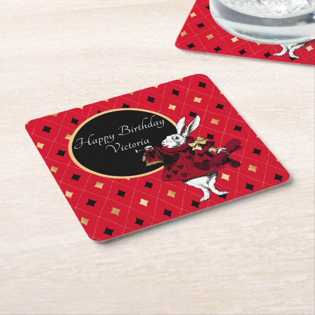 White Rabbit in Red Birthday Square Paper Coaster (Angled)