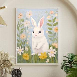 White Rabbit in Spring Flowers Poster