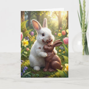 White Rabbit Licking a Chocolate Easter Bunny Card