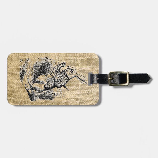 White Rabbit on Burlap Luggage Tag (Front Horizontal)