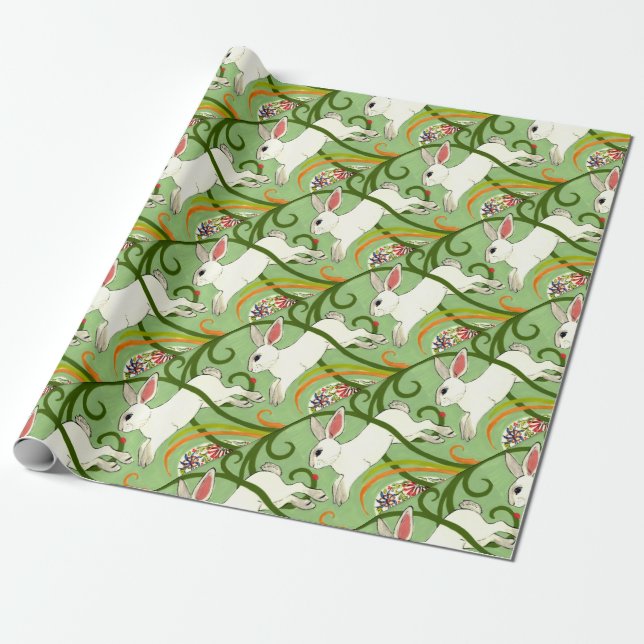 White Rabbit on Green Tiled Home Decor Wrapping Paper (Unrolled)