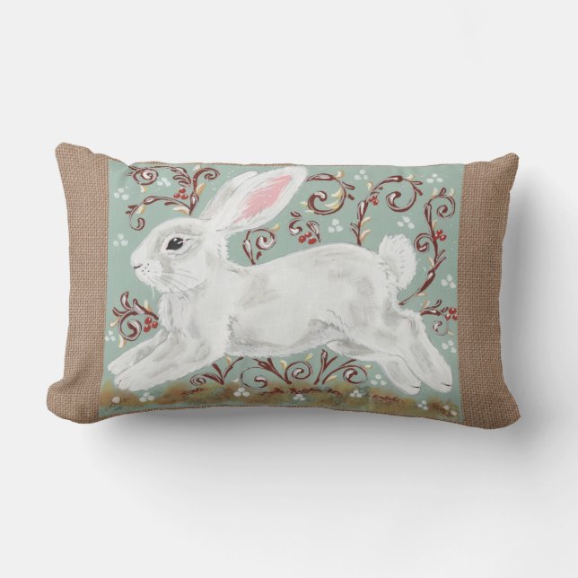 White Rabbit Vines Berries Green, Burlap Pillow (Front)