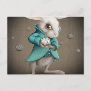 white rabbit with clock postcard