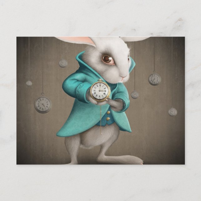 white rabbit with clock postcard (Front)