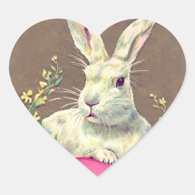 WHITE RABBIT WITH EASTER EGG AND SPRING FLOWERS HEART STICKER (Front)